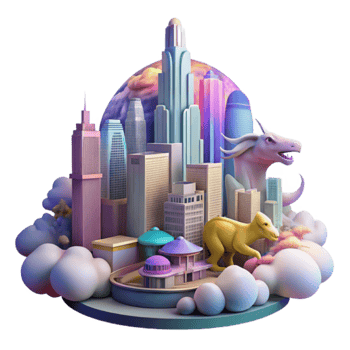3D Cityscape Illustration Dinosaurs Pastel Cloudscape png