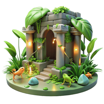 Enchanted 3D Render of a Lush Miniature Stone Temple with Fantasy Creatures png