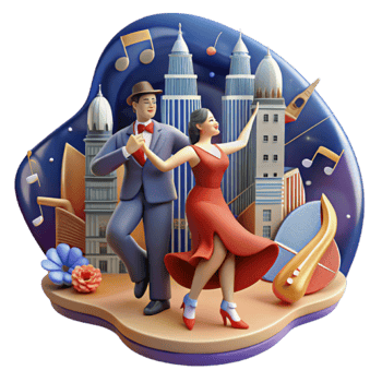 3D Illustration Dancing Couple Cityscape Background Music Notes png