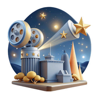 3D Render Night Cityscape with Star Projector Film Reel Illustration png