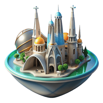 3D Render of Fantasy Cityscape Island Architectural Wonders, Domes, and Towers png