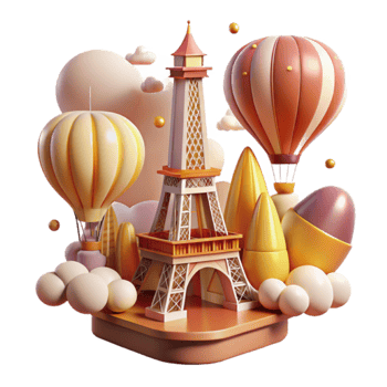 3D Render Eiffel Tower Hot Air Balloons Illustration Scenic Whimsical png
