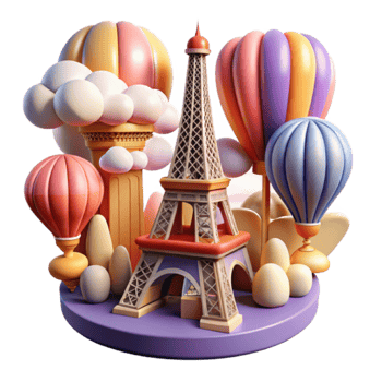 Eiffel Tower 3D Render Hot Air Balloons Illustration png