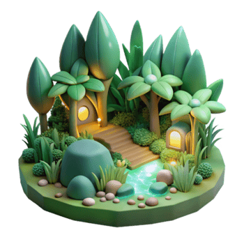 Enchanted 3D Forest Scene Magical Cottage, Glowing Pond, Lush Greenery png