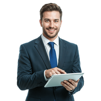 A confident Businessman Using a Tablet with a black suit and blue tie png