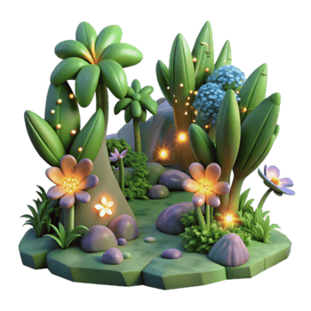 Enchanted 3D Garden Illustration Lush Plants, Glowing Flowers, and Firefly Magic png