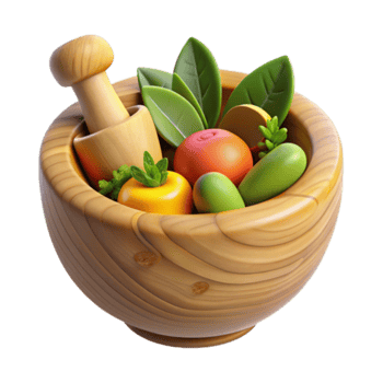 Vibrant 3D Render of Wooden Mortar and Pestle with Colorful Fruits and Herbs png