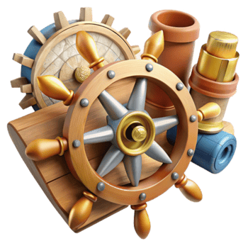 Wooden Ship Wheel and Nautical Elements 3D Illustration png