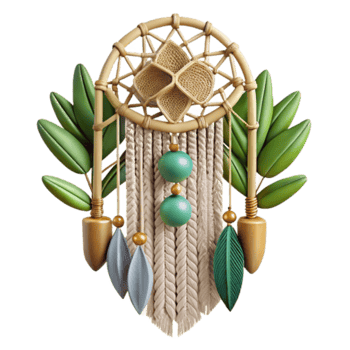 Dreamcatcher 3D Render, Beige and Green Bohemian Decor Illustration, Woven Macrame Wall Hanging Artwork, Natural Fiber Ornament, Spiritual Symbol, Relaxing Atmosphere png