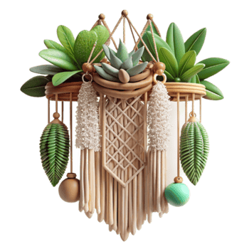 3D Render Macrame Wall Hanging with Succulents and Tropical Leaves Illustration png
