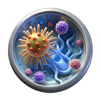 Microscopic 3D Illustration of Cell Culture, Colorful Virus, Bacteria, and Amoeba in Petri Dish png