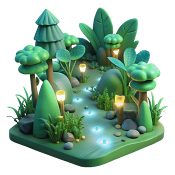 Enchanted Forest Path 3D Illustration Glowing Night Scene with Lush Greenery and Cartoon Trees png
