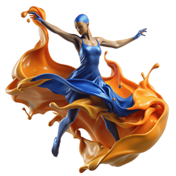 Dynamic 3D Render of a Dancer in a Blue Dress Emerging from Orange Paint Splash png