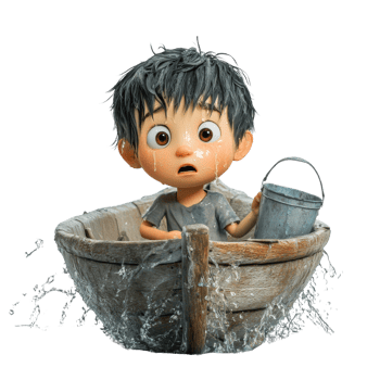 A worried cartoon boy sits in a leaky wooden boat png
