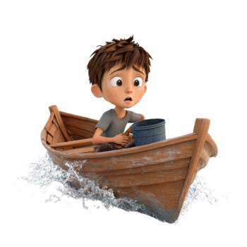 Young Boy Rowing Wooden Boat Across Water png