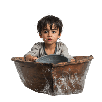 Young Boy Sailing Wooden Boat With Metal Bowl png