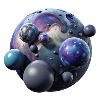 Cosmic Sphere 3D Illustration Celestial Bodies, Nebula Swirl, Galactic Cluster, Abstract Space Art, Purple and Blue Hues, Shiny Spheres, Multicolored Planets, Fantasy World, 3D Render, Digital Art png