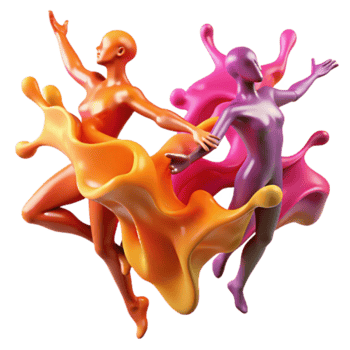 Abstract 3D Render of Dancing Figures in Vibrant Paint Splashes png