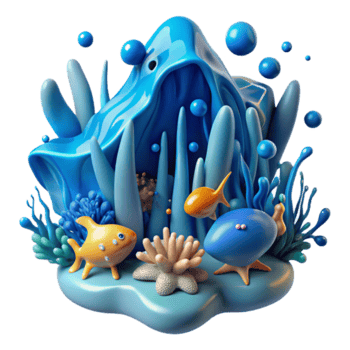 Vibrant 3D Render of an Underwater Scene with Cartoonish Fish and Blue Coral png