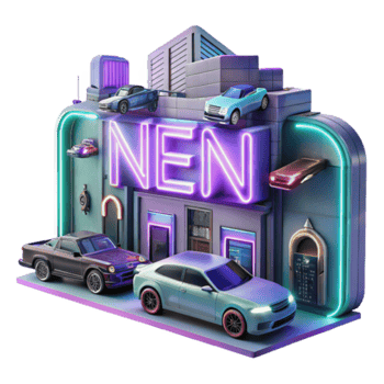 Neon Nightscape 3D Render City Building with Cars and Retro Signage png