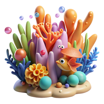 Vibrant 3D Render of an Underwater Coral Reef Scene with Cartoon Fish png