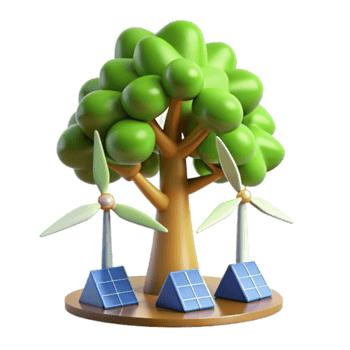 Cartoon 3D Render of a Tree with Wind Turbines and Solar Panels png