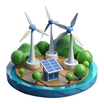 3D Illustration Green Energy Island Sustainable Power Wind Turbines Solar Panel Eco Friendly png