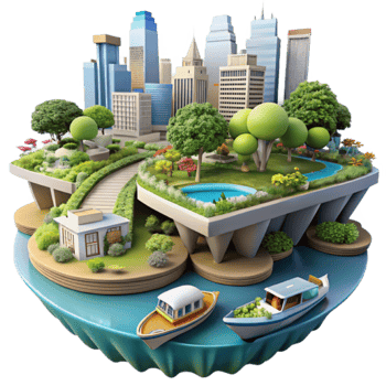 3D Cityscape Island Urban Oasis with Lush Greenery, Boats, and Modern Architecture Illustration png