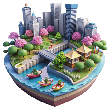 3D Cityscape Illustration Urban Oasis with Cherry Blossoms and Canal Boats png