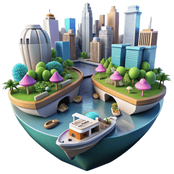 Charming 3D Cityscape Illustration Urban Oasis with Boat and Lush Parks png