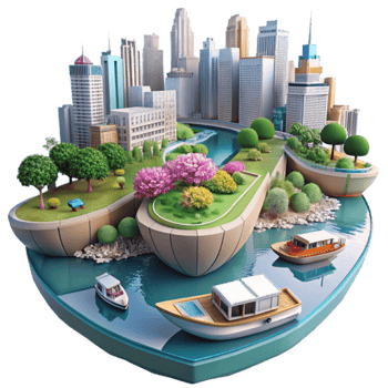 3D Cityscape Illustration Lush Island Park River Boats png