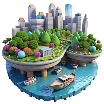 3D Cityscape Illustration Lush Park Island Boats png
