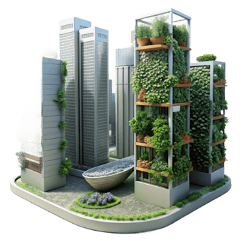 Eco-Friendly Cityscape 3D Illustration Vertical Gardens and Modern Architecture png