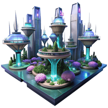 Futuristic Cityscape 3D Illustration Lush Gardens and Towers png