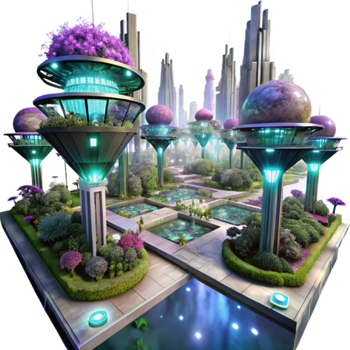 Futuristic City Garden A 3D Illustration of Elevated Gardens and Modern Architecture png