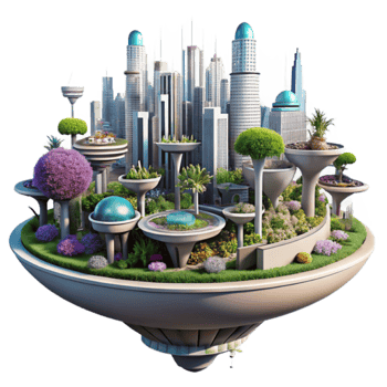 Futuristic Eco-City Island 3D Illustration A Vibrant Metropolis Integrated with Lush Gardens png