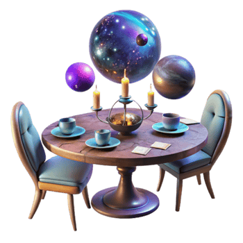 Cosmic Dinner Table 3D Render A Surreal Scene of Celestial Spheres, Candles, and Tea png