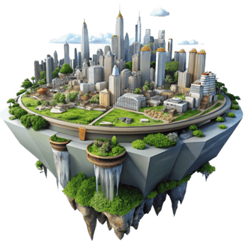 Floating City Island 3D Illustration Lush Greenery Urban Skyline Eco-Friendly Metropolis Fantasy Cityscape png