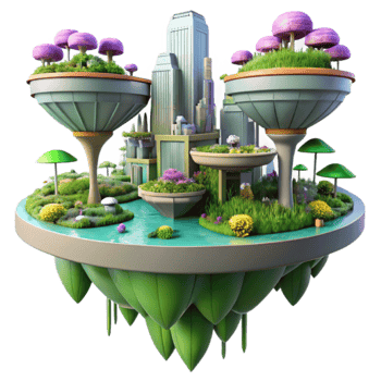 Floating City Ecosystem 3D Illustration Urban Oasis with Lush Gardens and Modern Architecture png
