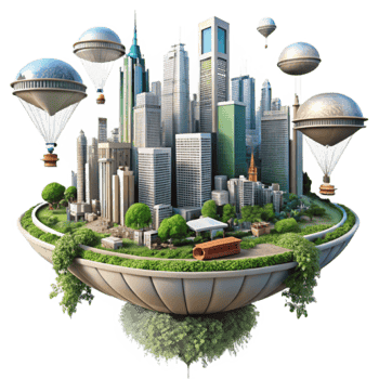 3D Illustration of a Modern City on a Floating Island with Hot Air Balloons png