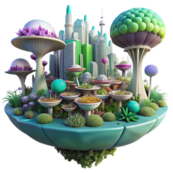 Floating Cityscape Fantasy 3D Illustration Urban Oasis with Bioluminescent Mushrooms and Futuristic Architecture png