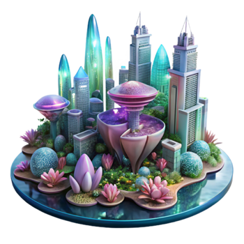 Futuristic Cityscape Fantasy 3D Illustration Lush Garden png