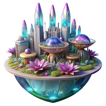 Enchanted Floating City 3D Illustration Lush Gardens Futuristic Architecture png
