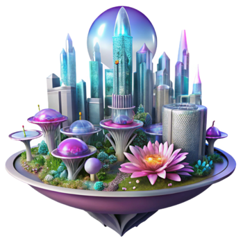 Futuristic Cityscape Illustration Vibrant 3D Render of a Floating City with Bio-Luminescent Flora png