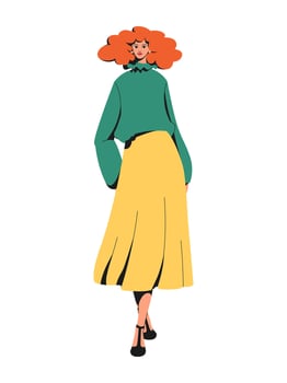 Fashion woman wearing romantic style clothes. Elegant redhead young lady full length standing in a skirt and sweater. Fashionable beautiful female person in a stylish modern outfit illustration vector