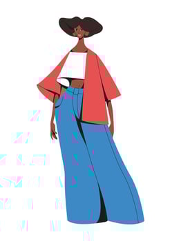 African-American woman in trendy summer clothes. Fashionable full-body female character in stylish casual clothes. Beautiful smiling girl in jeans flat illustration isolated on white. vector