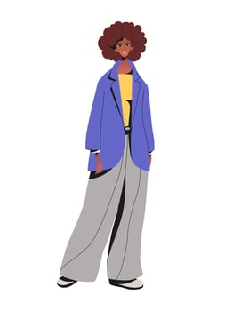 Fashion African-American business woman. Beautiful girl in stylish pants and jacket. Young female standing character wearing trendy casual clothes. Flat illustrations isolated on white. vector