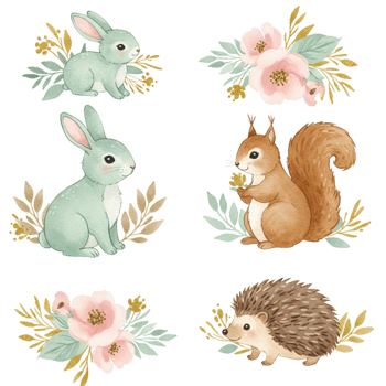 Adorable forest animals with flowers transparent background illustration whimsical nature cute art png
