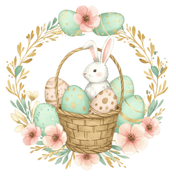 Easter bunny with colorful eggs spring garden digital art floral environment transparent background concept png