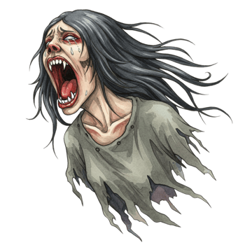 Screaming ghost woman dark alley digital art eerie environment frontal view transparent background visuals png